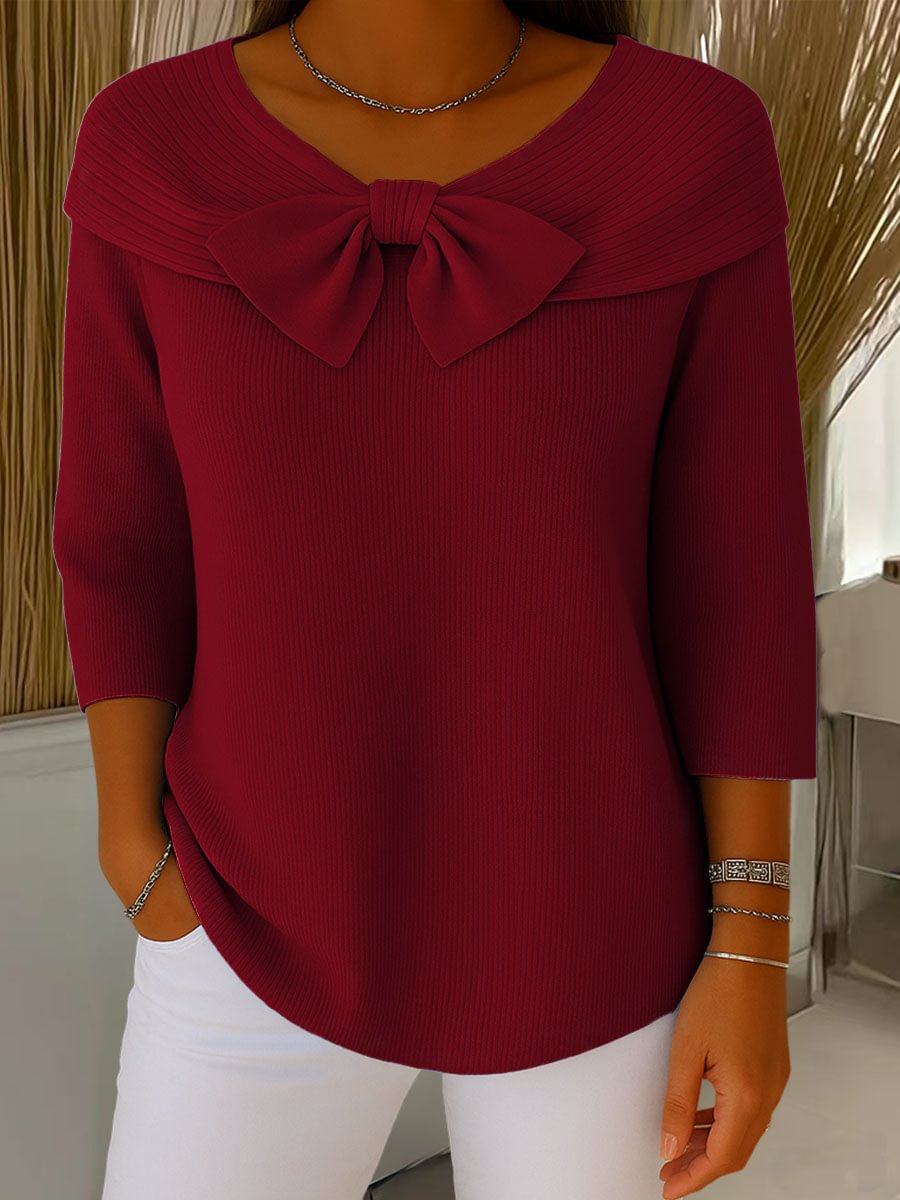 Knitted Bow Solid Color Sweater Autumn and Winter