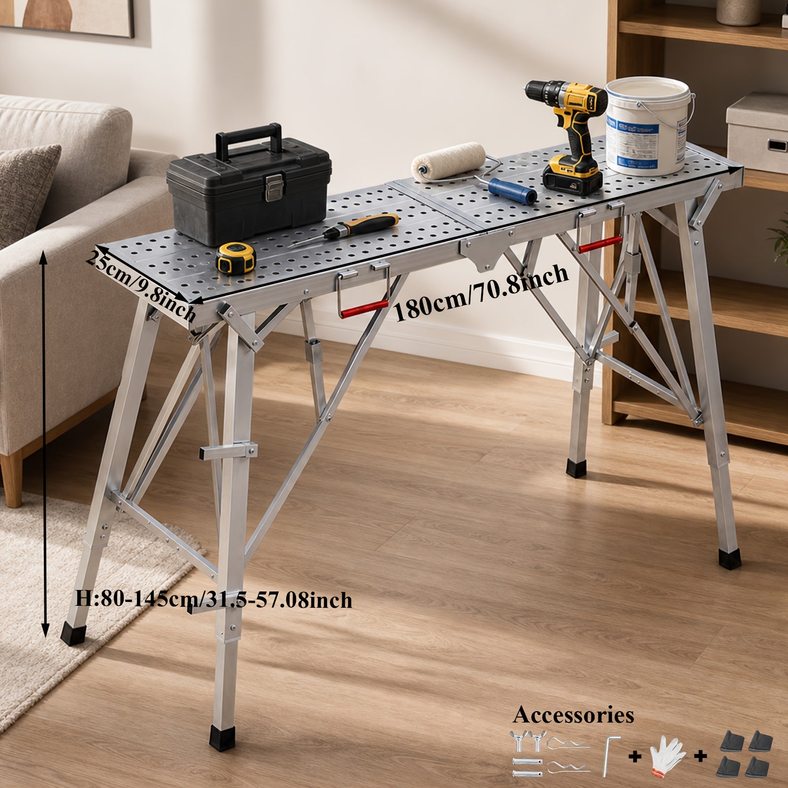 Heavy-Duty Foldable Workbench with Adjustable Height and Railing