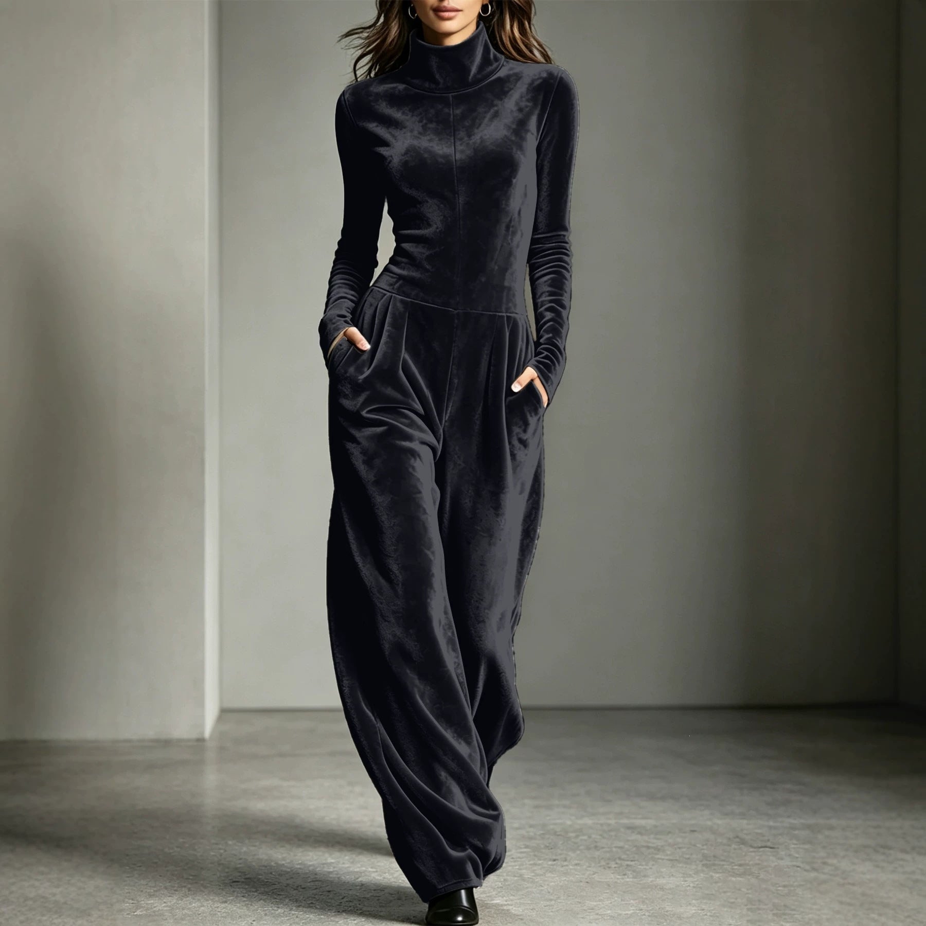 Women's Casual Turtleneck Long-Sleeve Solid Jumpsuit