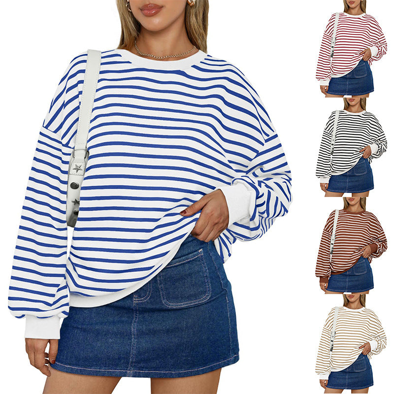 Women's Colorful Striped Loose Round Neck Sweatshirt