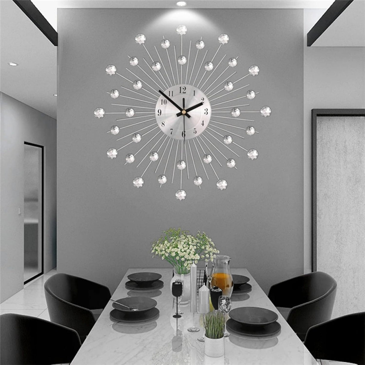 13" Modern Metallic Wall Clock - Silent Movement, Decorative Iron Design with Glass Crystal Accents for Living Room, Bedroom, or Office Decor
