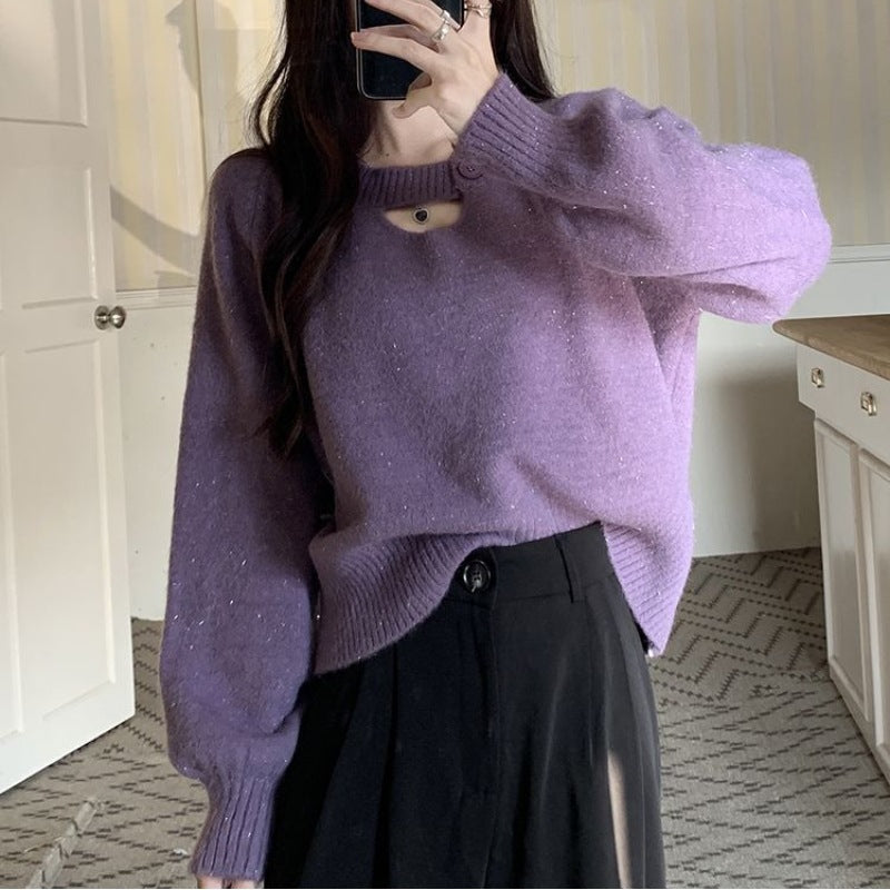 Knitted Sweater Women's Autumnwinter Korean-style Loose-fit Slimming Top with Exposed Collarbones and Long Sleeves