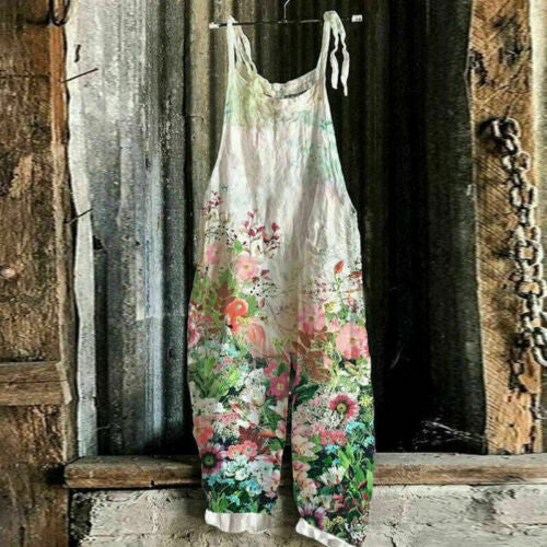 Vintage Print Sleeveless Wide Leg Jumpsuit