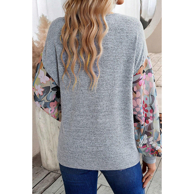 Floral Lantern Sleeve Casual Pullover Sweatshirt