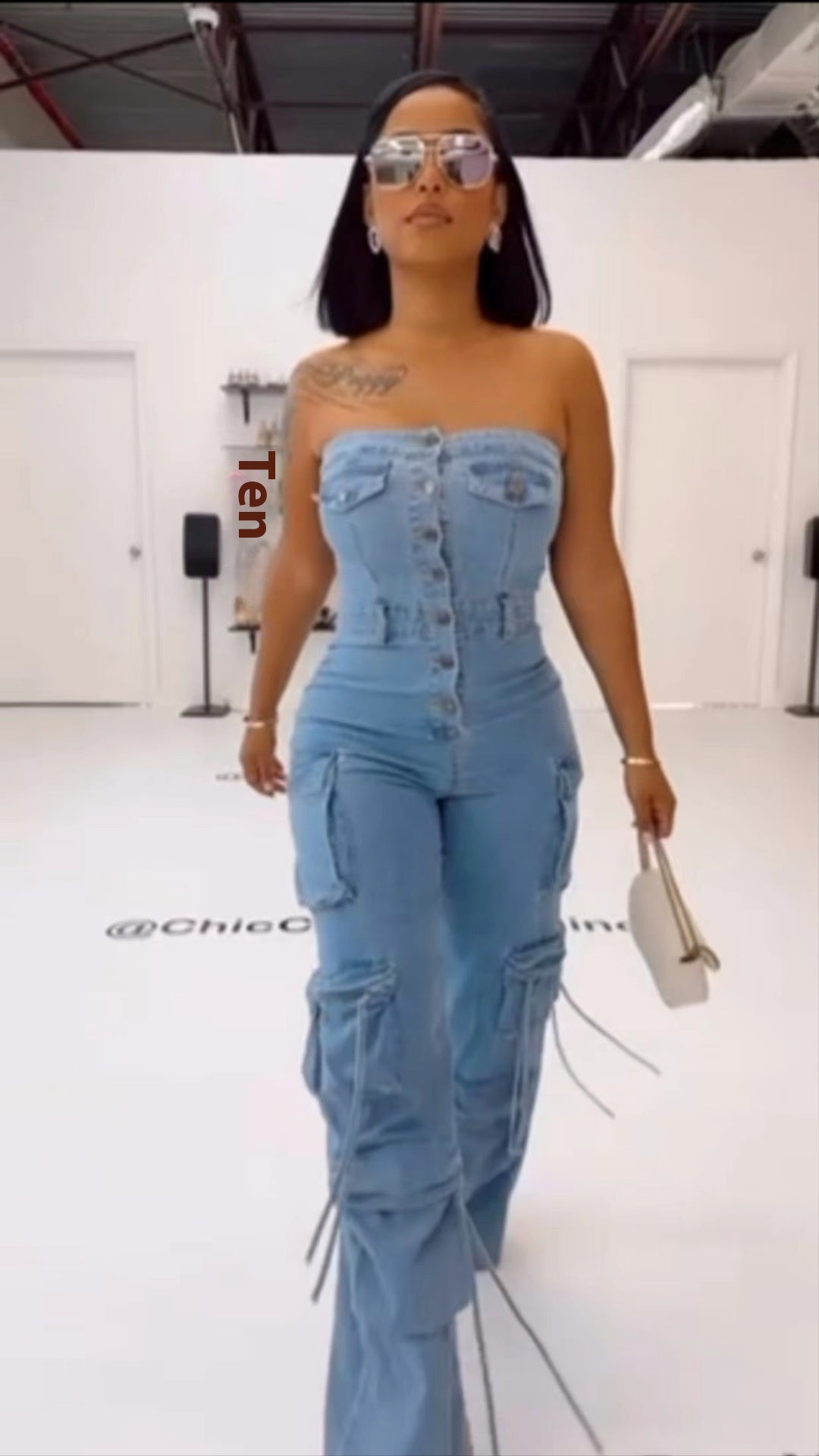 Denim Tube Top Multi-Pocket Workwear Jumpsuit