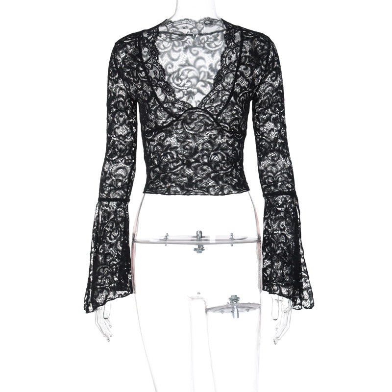 Sexy Deep V Slim Fit Midriff-baring Lace Long-sleeved Lace Top