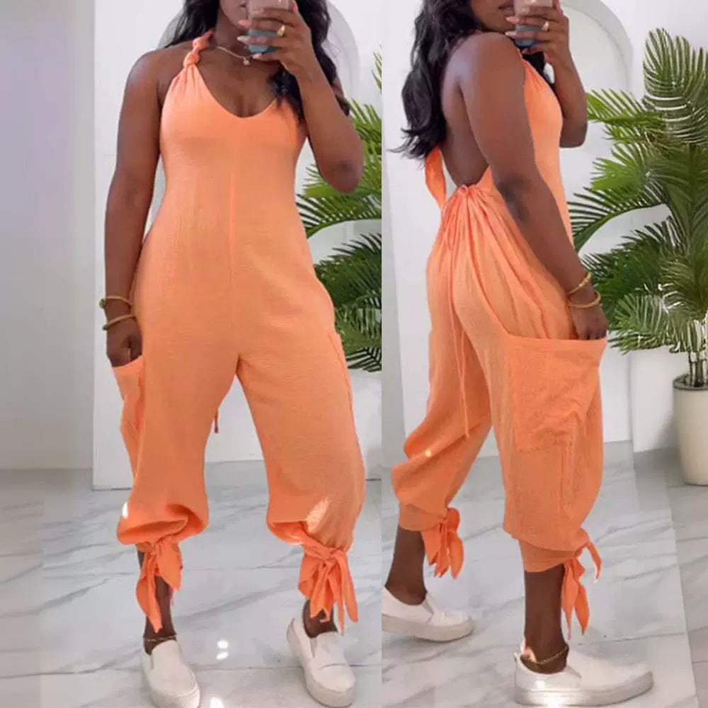 Casual Backless Halter Patch Pocket Jumpsuit Romper