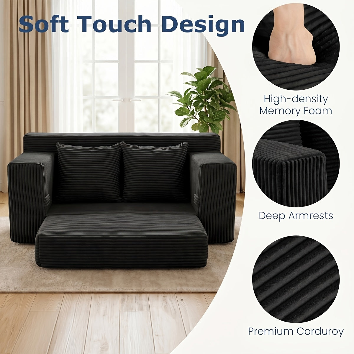Left chaise L-shaped sectional sofa with memory foam cushions and corduroy upholstery