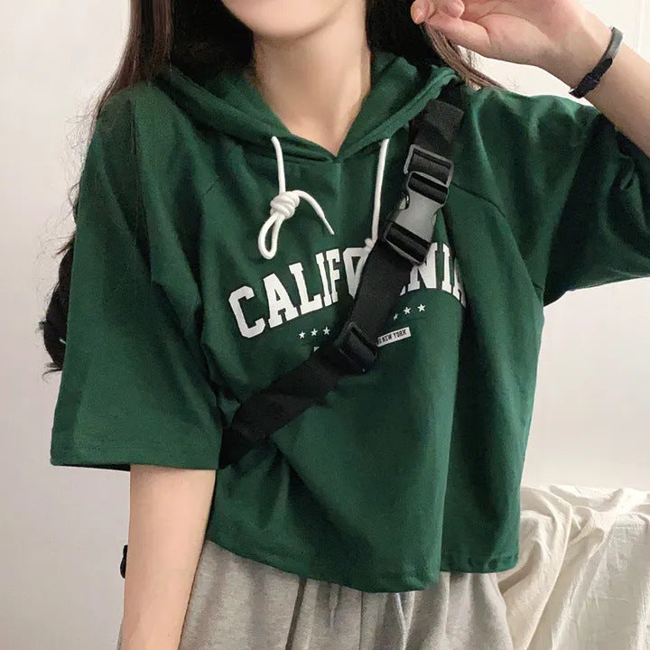 Casual Letter Print Short Sleeve Hooded Tee