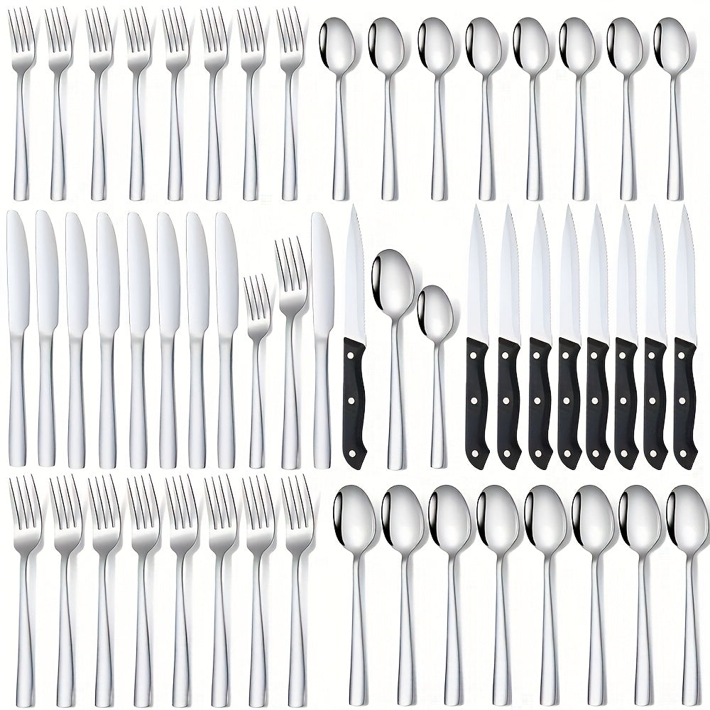 24/48PCS Black Stainless Steel Flatware Set, Mirror Polish Families Hotels Knives Forks Spoons Cutlery Set With Gift Box For 8 Persons, Durable, Mirror Polished, Dishwasher Safe, Perfect For...