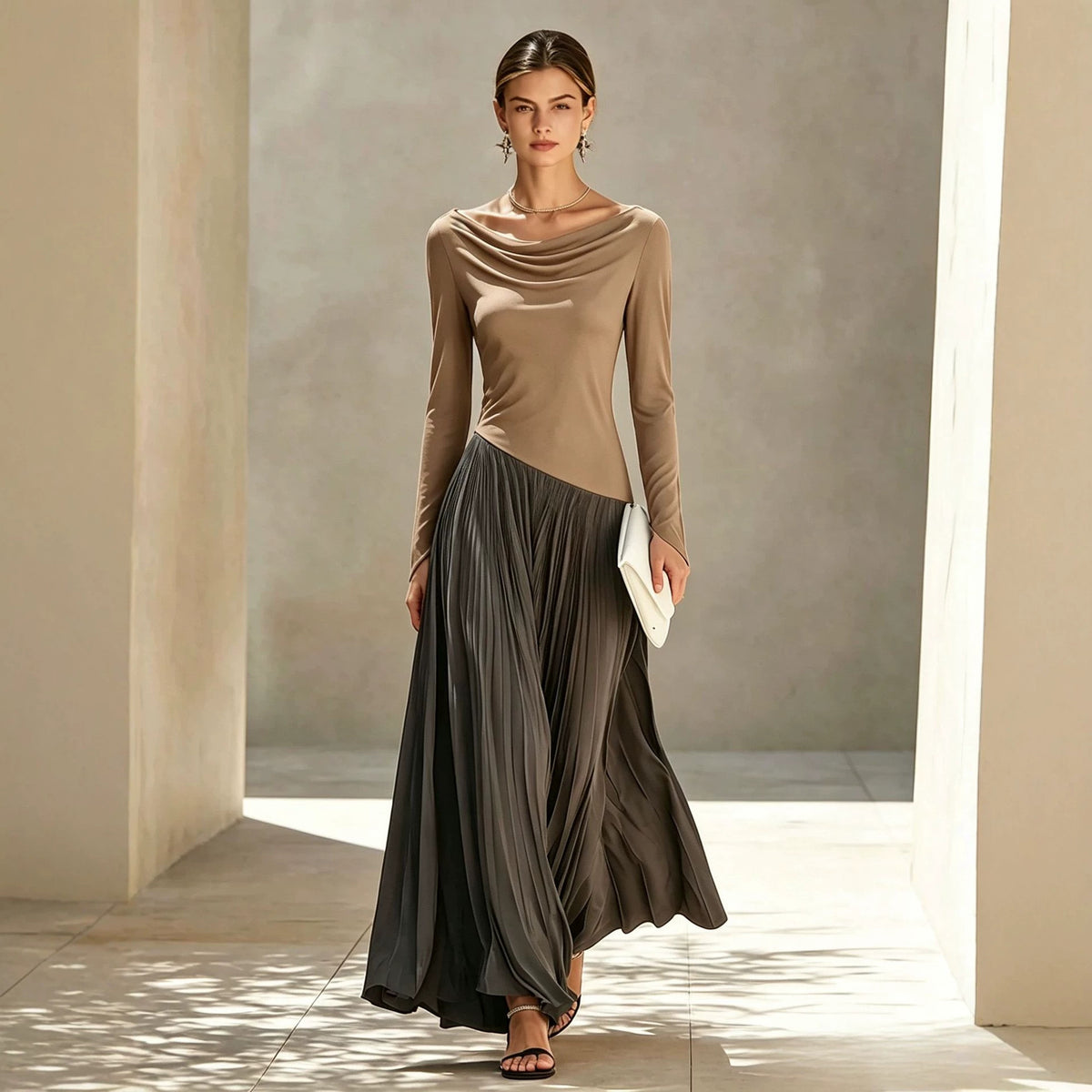 Color-Block Pleated Long-Sleeve Midi Dress