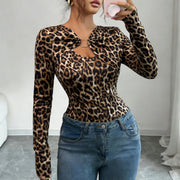 Elegant Asymmetric Cutout Long Sleeve Top – Leopard, Black, Pink