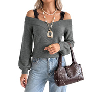 Solid-color Lace-panel V-neck Knit Sweater for Women