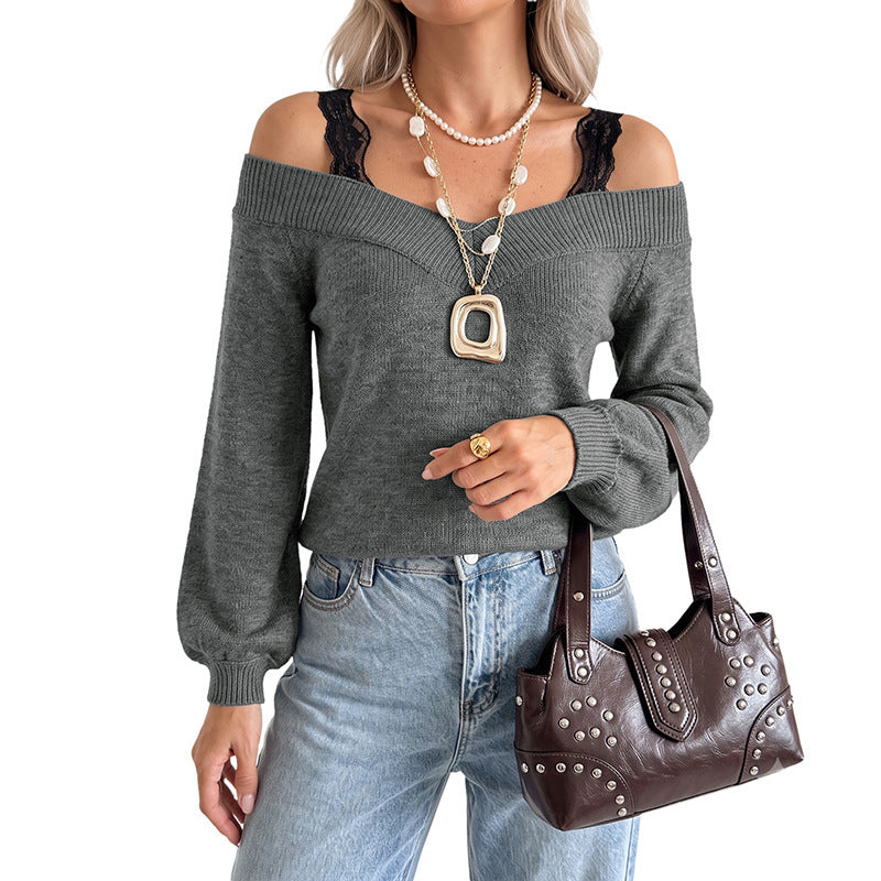 Solid-color Lace-panel V-neck Knit Sweater for Women
