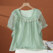 Women's Boat-neckline Lace-trimmed Short Top