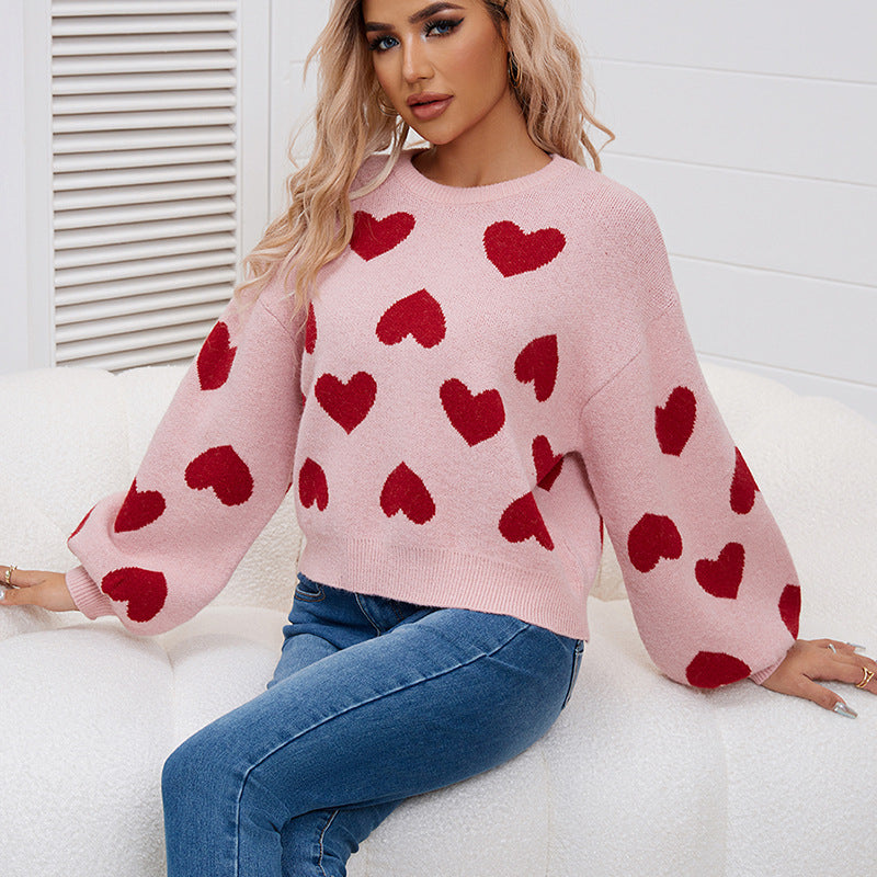 Loose Sweet Loving Heart Jacquard Pullover Sweater