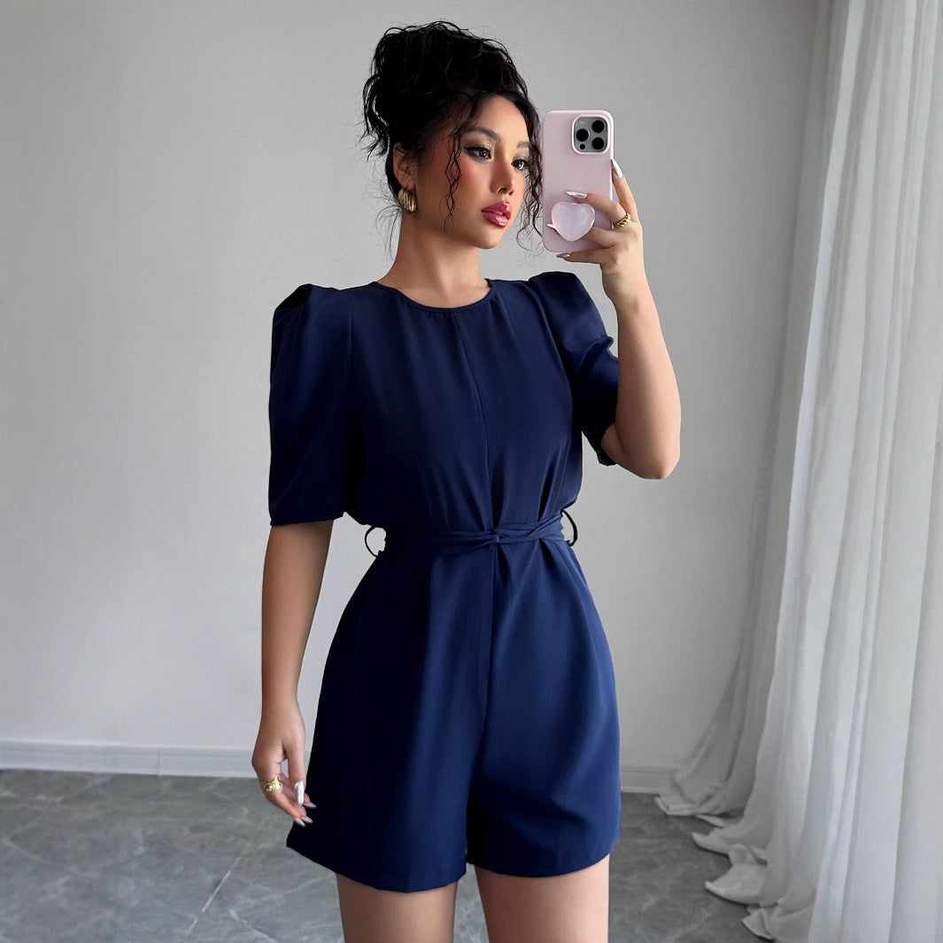 Chic Puff Sleeve Solid Romper for Stylish Commuting