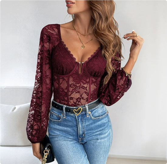 Women's Long-sleeved Chest Cup Lace Jumpsuit