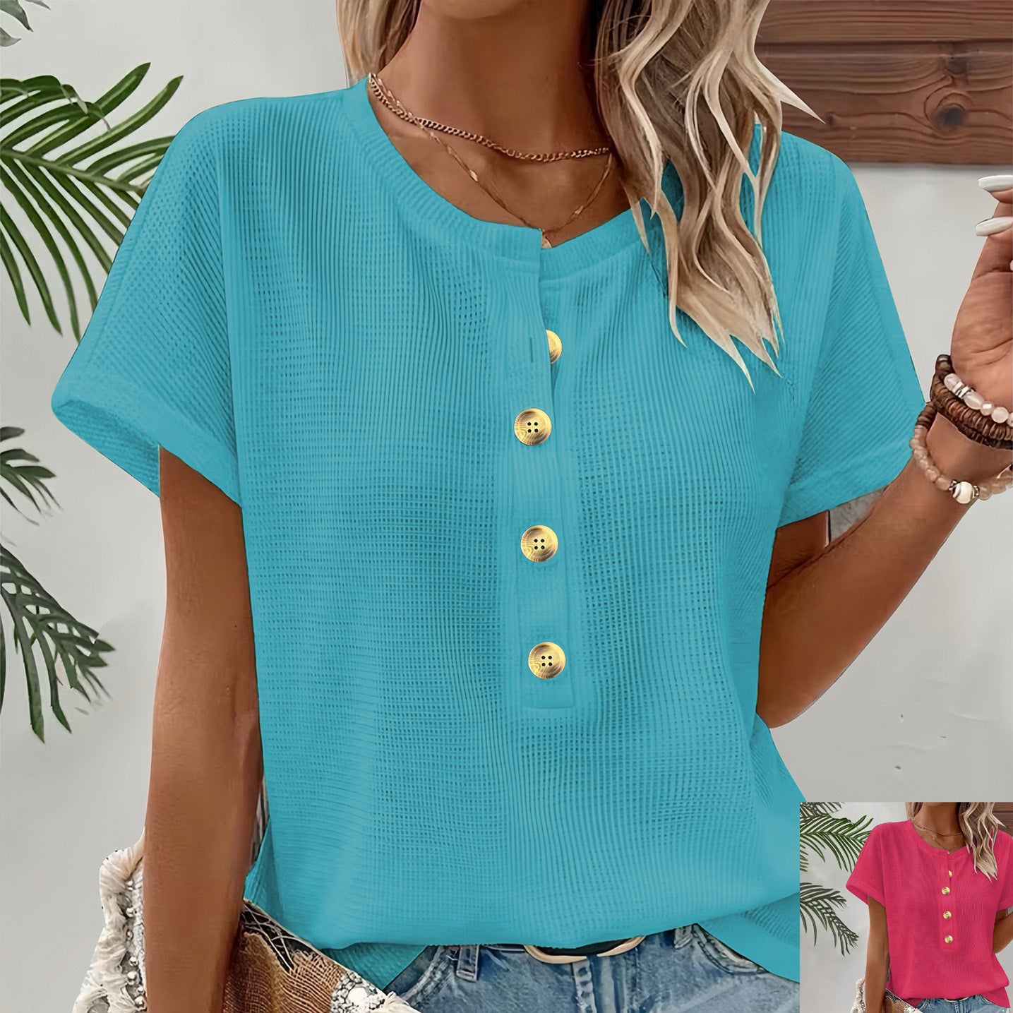 Buttoned Crew‑Neck Batwing Sleeve Loose T‑Shirt – Women’s Casual Top