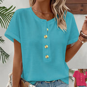Buttoned Crew‑Neck Batwing Sleeve Loose T‑Shirt – Women’s Casual Top