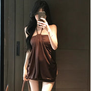 Sexy Innocent-yet-Sultry Slightly Mature Waist-Cinched Halter Slip Dress
