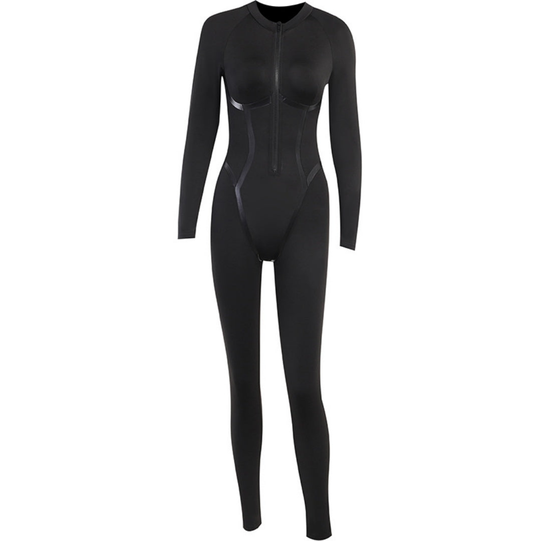 Faux Leather Zip-Up Long Sleeve Skinny Jumpsuit