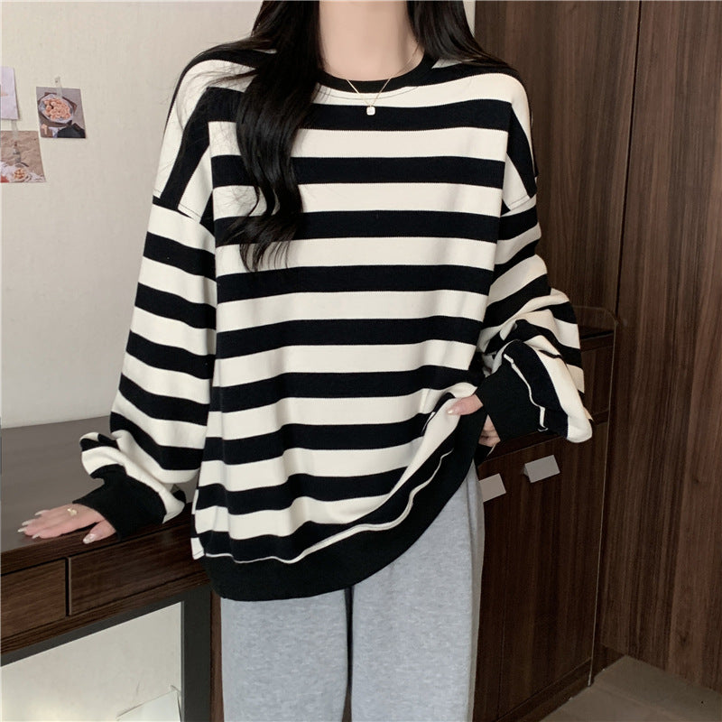Retro Striped Crew Neck Casual Sweatshirt for Women