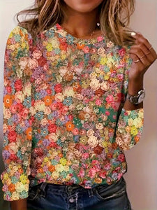 Gradient Floral Print Long Sleeve Round Neck Top