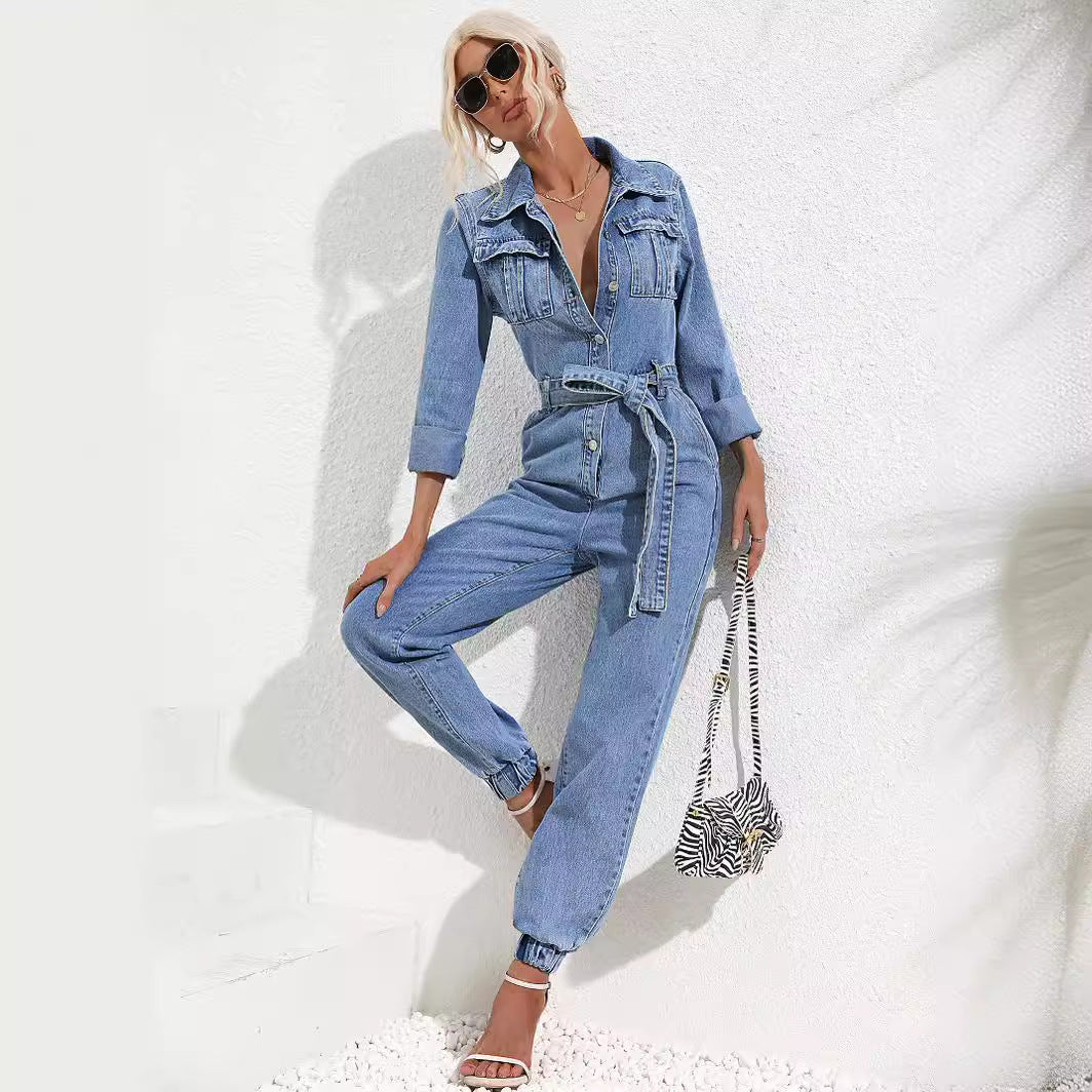 Chic Women's Denim Jumpsuit Long Sleeve Casual Romper