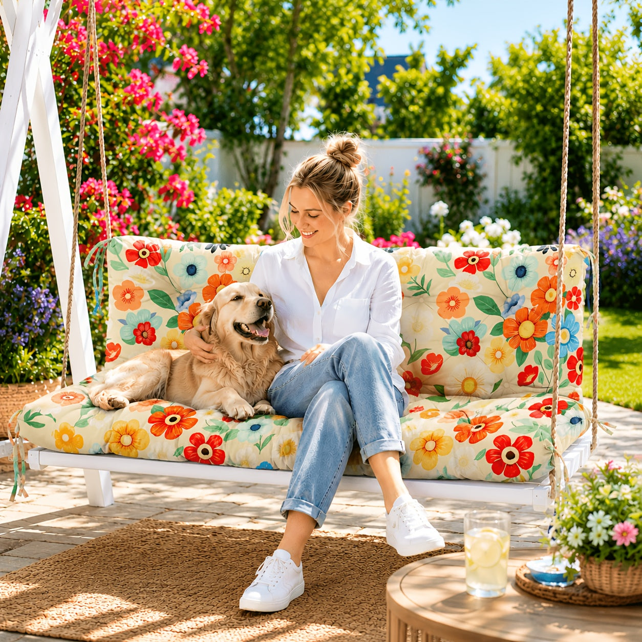Porch Swing Cushions Waterproof All-Weather Fade-Resistant 60 Inch X 40 Thick 5'' Patio Chair Cushions with Ties for Backyard 2-3 Seater Replacement with Backrest Ergonomic Lumbar Support