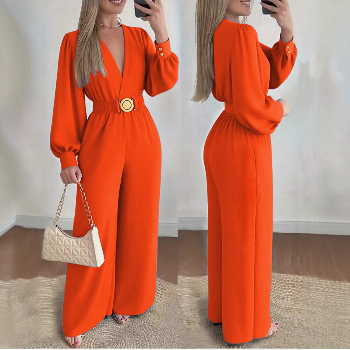 Elegant Deep V-Neck Slim-Fit Long Sleeve Jumpsuit