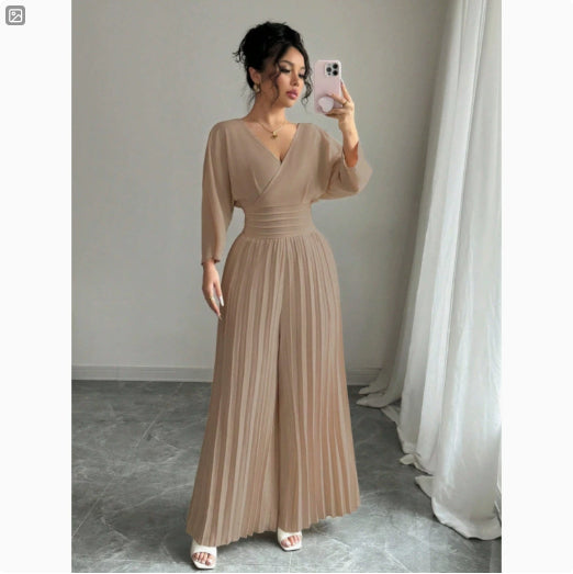 Elegant V-Neck High-Waist Pleated Jumpsuit