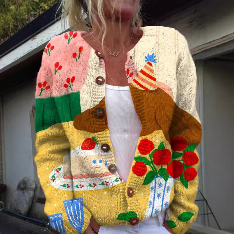 Fashion Printed Cardigan Knit Jacket for Women