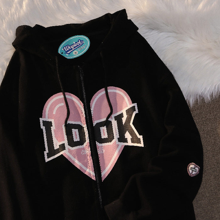 Polyester Fiber Hooded Sweater Students Korean Style Loose Design Couple Coat