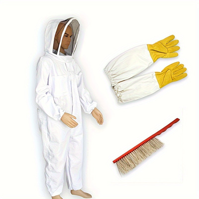 3-Piece Beekeeping Protective Kit with Full Body Coverall, Gloves, and Brush in Multiple Sizes