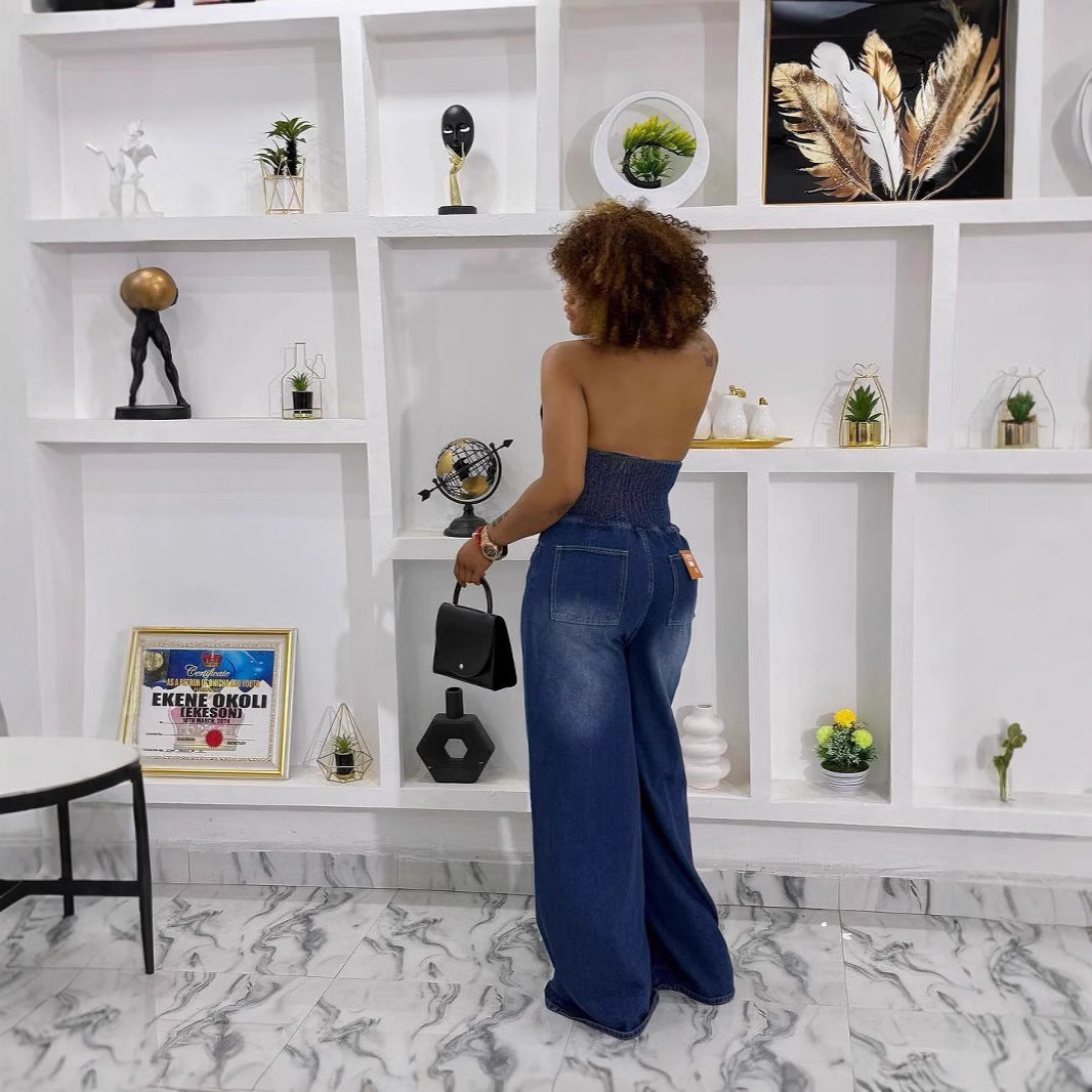 Women's Casual Backless Single-Breasted Denim Jumpsuit