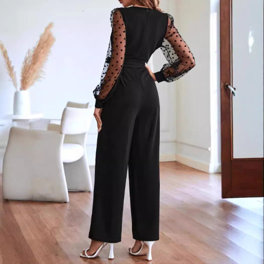 Elegant Lace V-Neck Long Sleeve Jumpsuit with Belt
