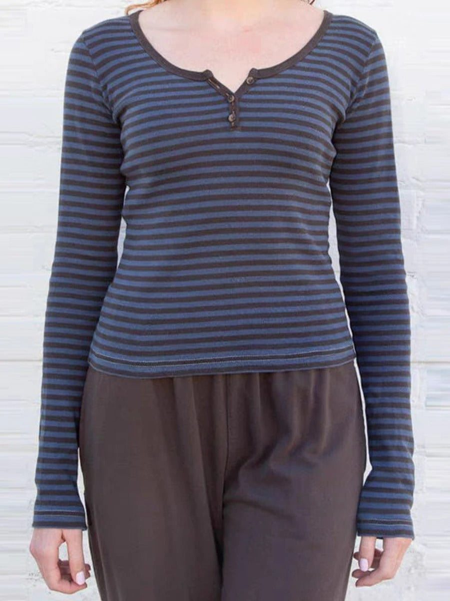 Sweet Striped Long Sleeve Cotton Women's Top