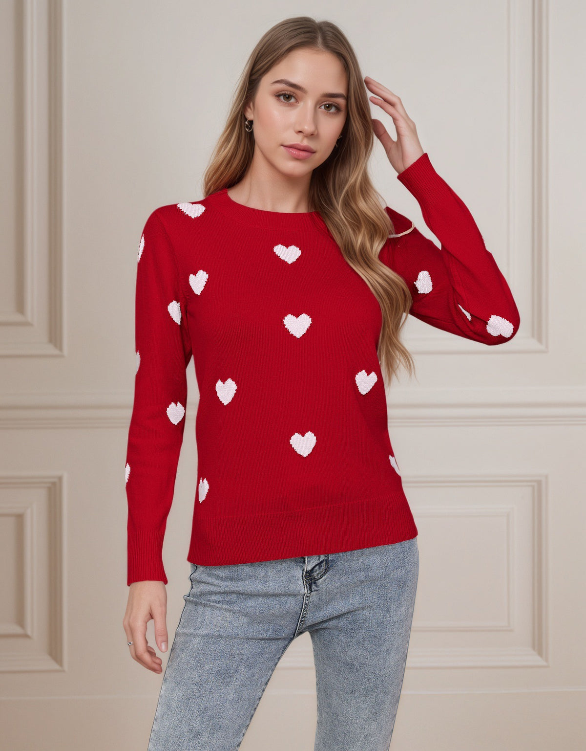 Women's Heart Jacquard Round Neck Pullover Sweater