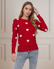 Women's Heart Jacquard Round Neck Pullover Sweater