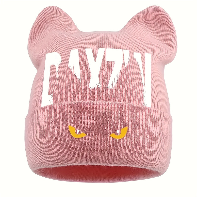 Unisex Warm Windproof Brimless Hat with Monster Eye Print and Bunny Ears, Cold-Weather Outdoor