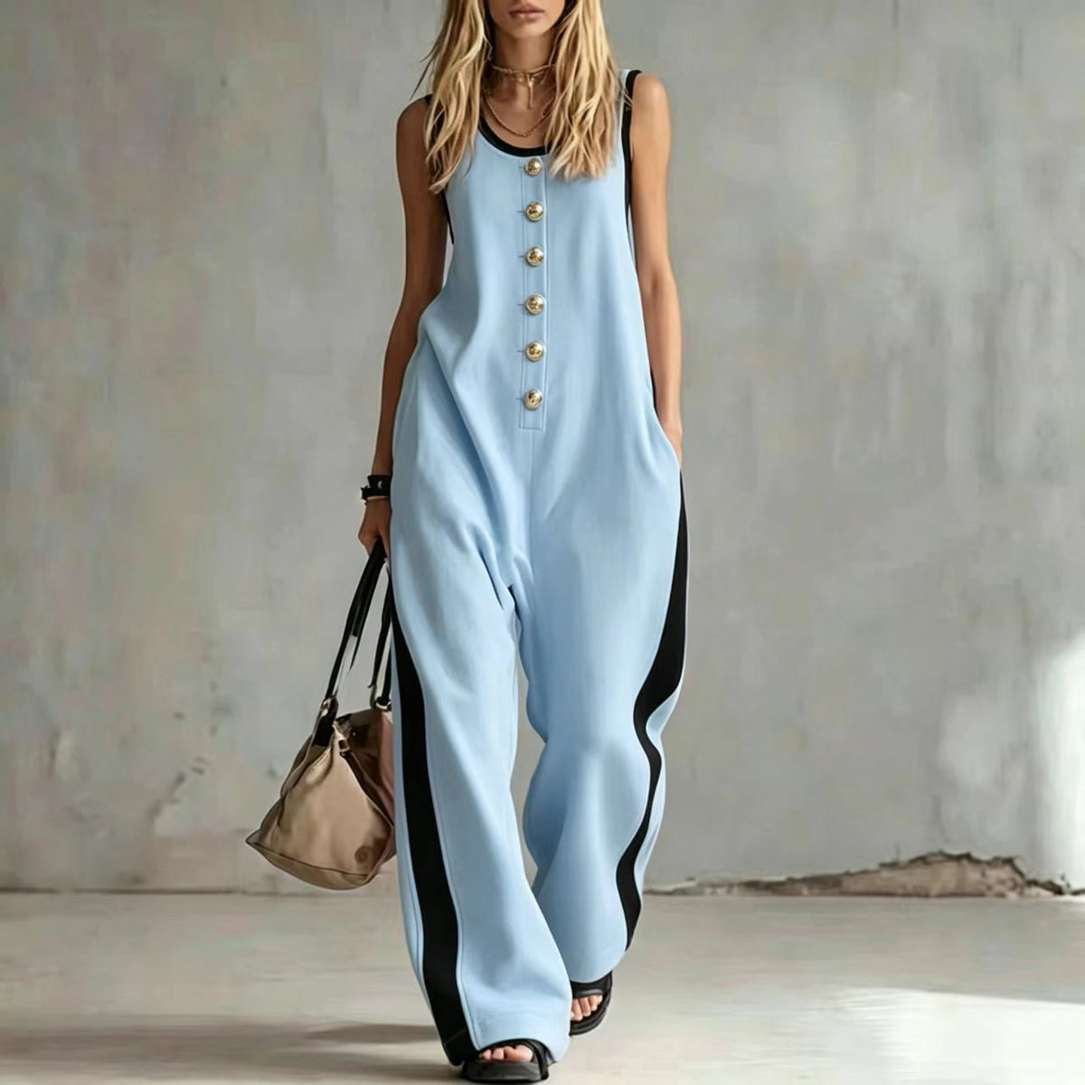 Chic Colorblock Buttoned Crew Neck Sleeveless Jumpsuit