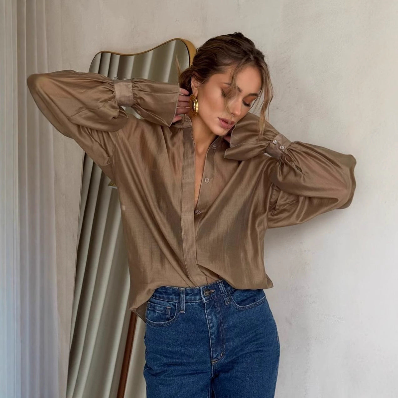 Loose-fit Lapel-neck Lantern-sleeve Long-sleeve Shirt Womens Top