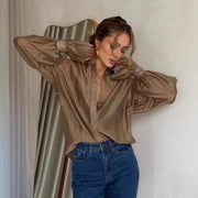 Loose-fit Lapel-neck Lantern-sleeve Long-sleeve Shirt Womens Top