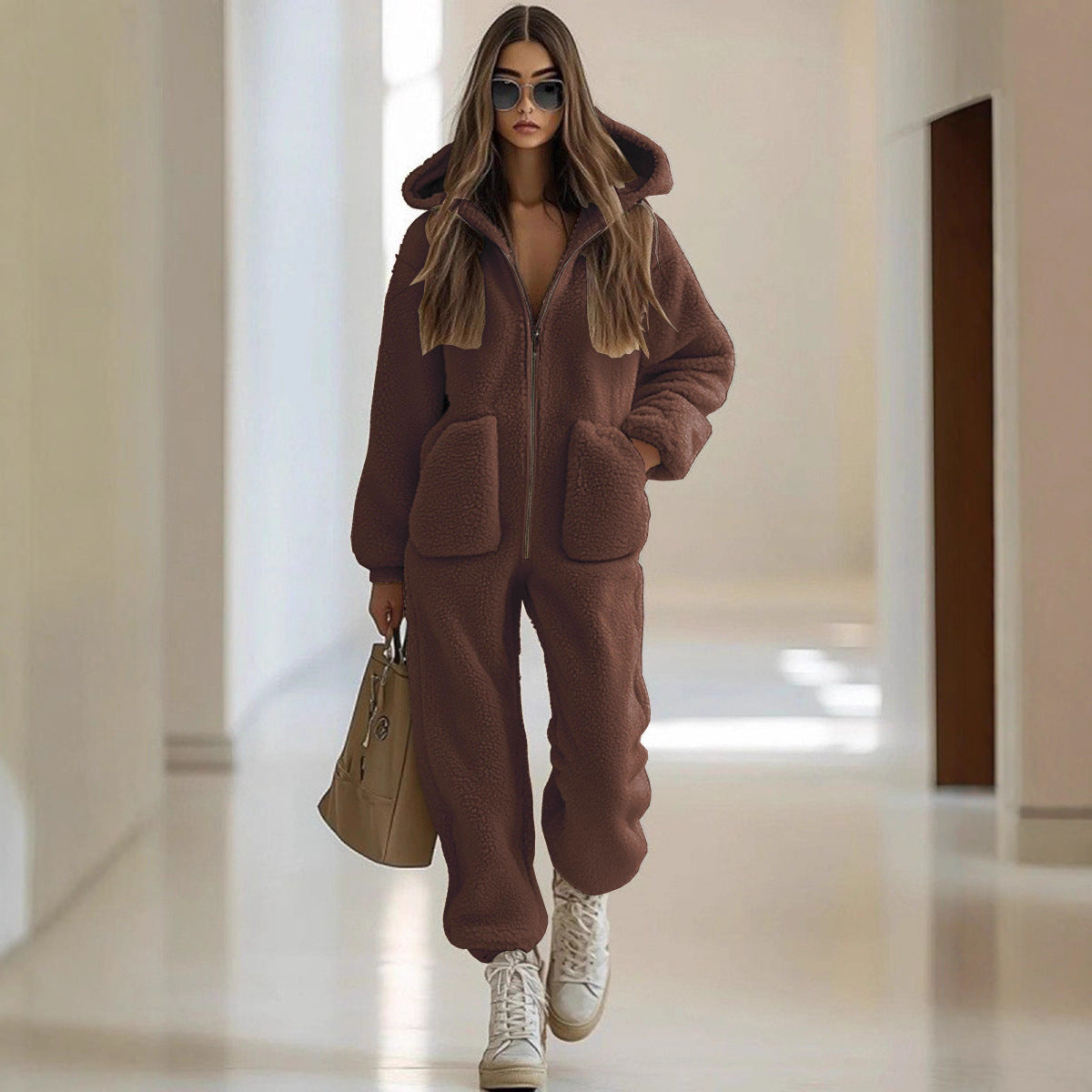 Plush Hooded Loose Straight Jumpsuit with Pockets
