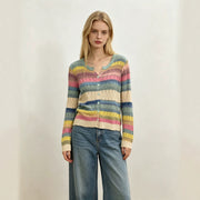 Womens Hollow-out Color-block Striped V-neck Knitted Cardigan Top