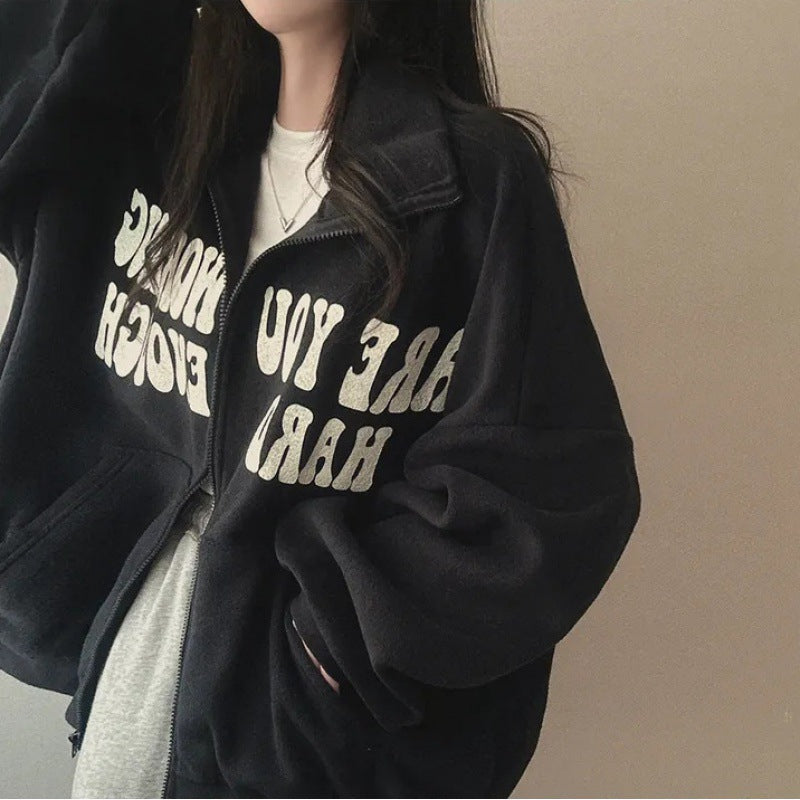 Women's Plus Velvet Alphabet Zip-Up Loose Cardigan Sweater