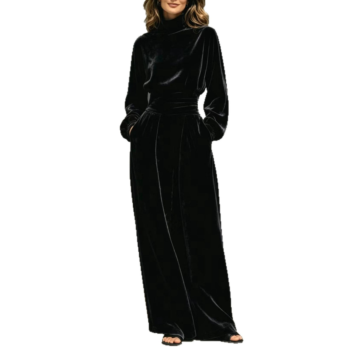 Velvet Turtleneck Belted Wide-Leg Jumpsuit