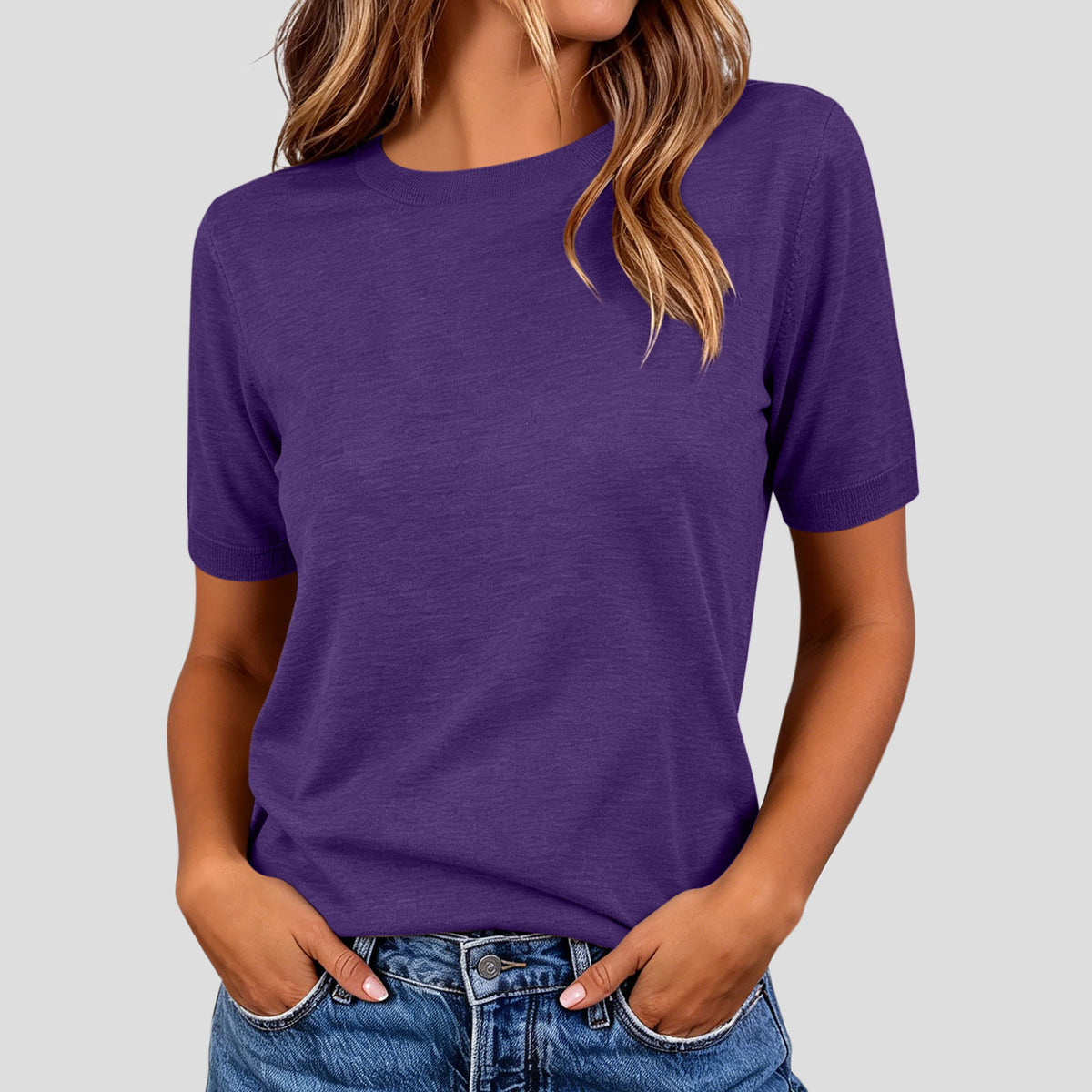 Women's Summer Lightweight Knit Short Sleeve T-shirt Solid Crewneck Loose Regular Fit Casual Versatile Top Sweater