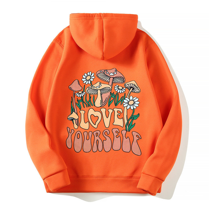 Plus Size Cute Mushroom Slogan Cozy Pullover Hoodie